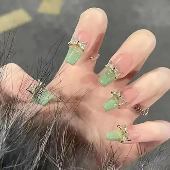 1 Комплект Красиви зелени малки пресни изкуствени нокти с бантиком за маникюр, изкуствени нокти, пластмасови декорации за нокти