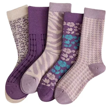1 чифт/комплект Женските Чорапи Лилав цвят, Реколта Цветни Модни Европейско-Американски Улични Чорапи със средна дължина, есенни чорапи в стил Ретро