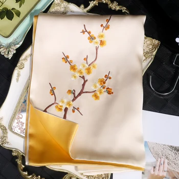 100% Копринени шалове, дамски шал с бродерия на цветя Суджоу, пролет-есен, подарък за майка си, двуслойни 16 мм копринени шалове тутового цвят