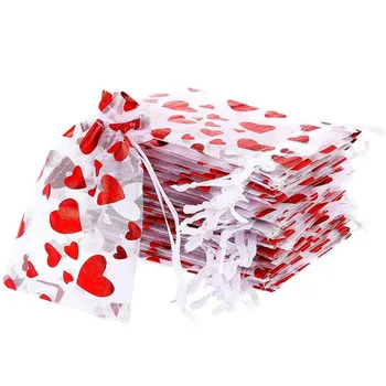 10шт Подарък пакети със сърца на Св. Валентин, Торбичка за бонбони, Опаковки за лакомствата, Торбички от органза, Украса за сватба, рожден Ден
