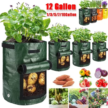 12 галона Торби за отглеждане на картофи, Полиетиленово Плантаторная чанта за отглеждане на зеленчуци, текстилен гърне за отглеждане на открито, градински саксии, Градински инструменти, Зеленчукова градина