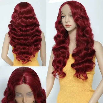 14-30 инча Кестеняво-червен дълъг синтетични перука на съвсем малък, тъмно-Червена перука, Обемна вълна, синтетични перуки за жени, высокотемпературное влакна