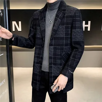 2021, есенно-зимния ново мъжко палто, вълнена от смесовой вълна, дълга тънка бизнес ежедневни топло яке, за мъже висококачествена луксозна сако с ревери, Единична