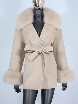 2022 Ново Палто от естествена кожа, зимно яке, яка жена от естествен лисьего кожа, копчета, Колан, кашмир вълна, вълнена женска горна дреха, градинска облекло