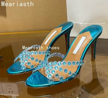 2022 Прозрачни дамски чехли от PVC на тънък висок ток с отворени пръсти и фин гърло, сандали с кристали и нитове, чубрица вечерни страхотни обувки