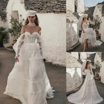 2023 Богемное дантелено сватбена рокля с цвят на слонова кост, сексуална сватбена рокля с пищни ръкави и четки, с плажна рокля в стил бохо, Vestidos De Новия