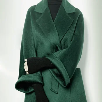 2023 Есенно-зимния двустранно кашемировое палто с водна ромолящи, женски костюм със средна дължина, яка, свободно палто, вълнена дантела, жена