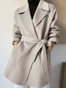 2023 Зимно дамско двустранно палто от смес от вълна и кашмир с естествена кожа, отложной яка, без колан, топло градинска облекло, нова мода