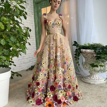 2023 Изискани 3D Цветя, вечерни рокли трапецовидна форма на бретелях с цветен модел, вечерна рокля с джобове, Vestidos De Gala