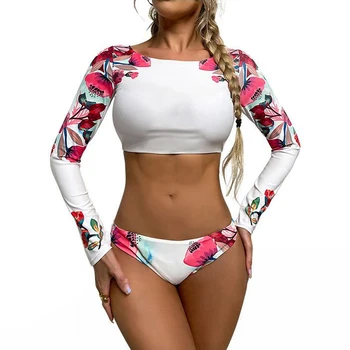 2023 Нов европейски и американски стил, слънцезащитен трико с дълъг ръкав, секси Бикини с принтом, женски плажен бански, дамски бански костюми