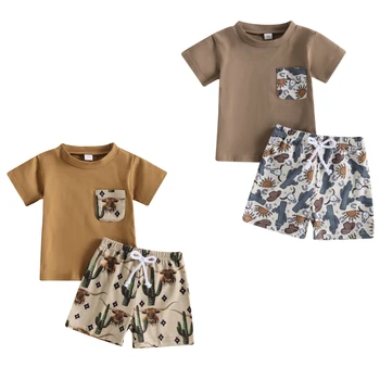 2023 Нова Летни дрехи в западен стил За най-малките момчета от 2 теми, Тениска с къс ръкав и принтом Крави, Ежедневни Панталони на съвсем малък, Дрехи За малките момчета от 0 до 3 години