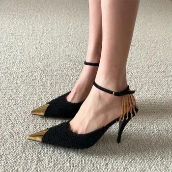 2023 Пролетно нова дамски обувки сандали на висок ток, кухи сандали, черни пикантни обувки на тънък ток с метален заострением