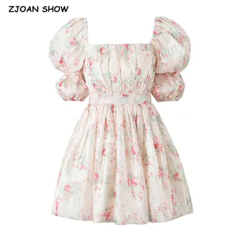 2023, Уважаеми бална рокля на принцеса с розови цветя принтом, атласное рокля, Женски квадратен яката, ръкавите с корен от Лотос, тънка талия, мини-страхотна хавлия