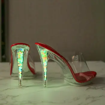 2023 Флуоресцентни плъзгача на висок ток Дамски летни обувки с декорация във формата на кристали за нощен клуб на висок ток в корейски стил