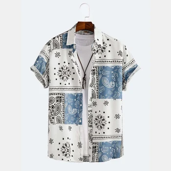 2023, Хавайска риза с етнически принтом, мъжки лоскутные ежедневни летни Ризи с къс ръкав и Ревери, Градинска Облекло Премиум-клас