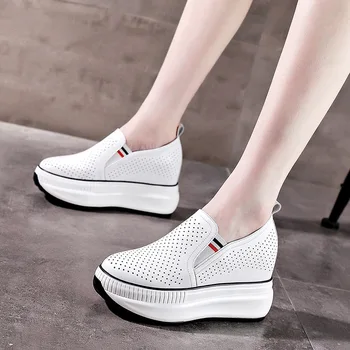 2023 г. Пролет-лято обувки от естествена кожа, дамски модни маратонки, увеличаване на растежа на 8 см, женски бели обувки с дебела подметка A4720