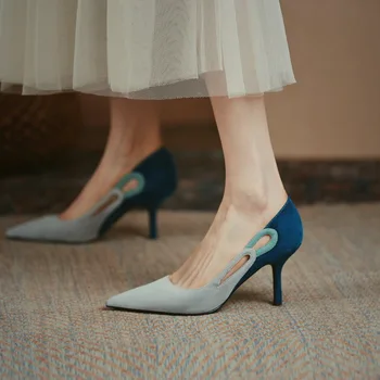 2023 г. от Новата пролетно-есенен дамски обувки, дамски обувки-лодка на тънък ток, с остри пръсти, разноцветни обувки с високи токчета, елегантни обувки от овча велур