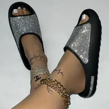 2023 дамски нова луксозна дамски обувки с диамантена повърхност, тънък чехли с дебела подметка, сандали, улични плажни чехли