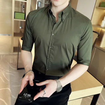 2023 нова мъжка риза с дълги ръкави, корейска бизнес ежедневни риза, обтягивающая, однотонная, устойчив на бръчки, подходящ за всички сезони