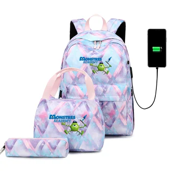 3 бр. университетски раница Disney Monsters, училищна чанта за колеж, USB зареждане, чанта за книги, Mochila, мъжки и Дамски комплекти ежедневните раници за пътуване