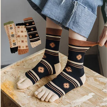 3 чифта/лот, дамски памучни чорапи с пръсти, антибактериални чорапи с цепка, кафе чорапи в цветна ивица със средна дължина, чорапи с пет пръста