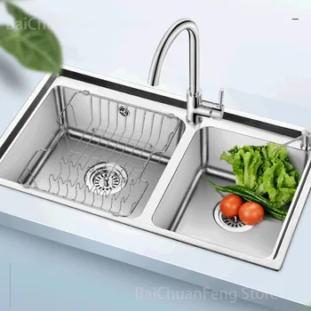 304 Кухненски мивки, Мивка от неръждаема стомана, мивка с двойно канавката, Дълбоки удебелена мивка, мивка, Прости аксесоари за дома за готвене