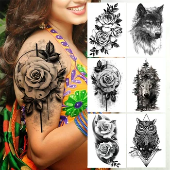 3D Временни татуировки с много Цветя, Рози, За жени, Мъже, възрастни, Стикер с татуировка на Горски Вълк, реалистична Бухал, фалшиви Татуировки с пионом, Декор
