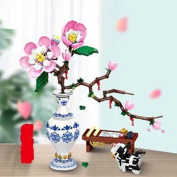 3D Модел на сградата блок Тухли Цветя, праскова, синьо-бялата порцеланова ваза в китайски стил, креативна играчка за сглобяване, за деца
