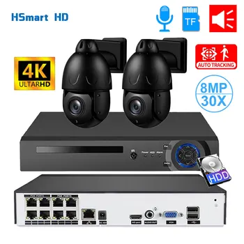 4K 8Ch Видеонаблюдение за Сигурност H. 265 Camera System Комплект за Домашно Видеонаблюдение 8Mp 30-кратно увеличение на PTZ Камера, Аудио Външна Ip Камера Poe NVR Комплект
