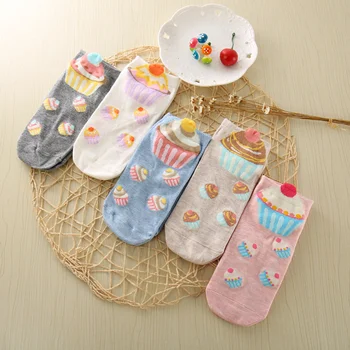 5 двойки/лот, комплект женски памучни чорапи, сладки чорапи с тортиком, кавайные пролетно-зимни къси Чорапи, ежедневни чорапи в корейски стил, Размер диапазон 34-40
