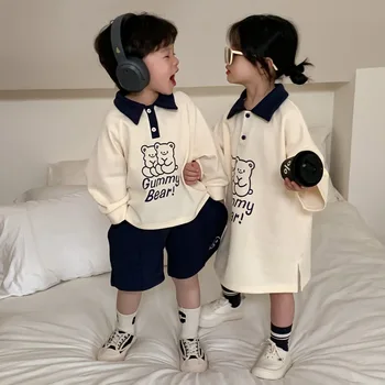 5011D Облекло за Брат и Сестра 2023, през Пролетта Нов Комплект Дрехи за момчета в корейски стил, Пуловер + Кратък Костюм Поло С Ревера Рокля за момичета