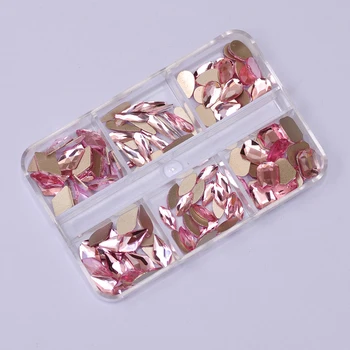 6 Мрежи, с фиксирана облегалка, смесен размер Lt. Блестящи кристали от розово стъкло за нокти без топла фиксация, 3D диамантени кристали, бижута за дизайн на ноктите
