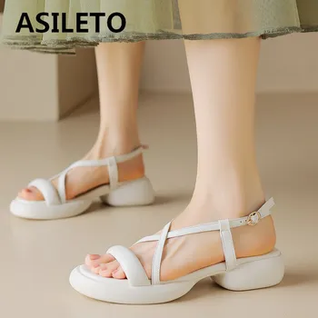 ASILETO Дизайнерски дамски сандали на равна подметка с кръгло бомбе и каишка с катарама, големи размери 41, 42, 43, лаконичная елегантна мека дамски обувки за всеки ден