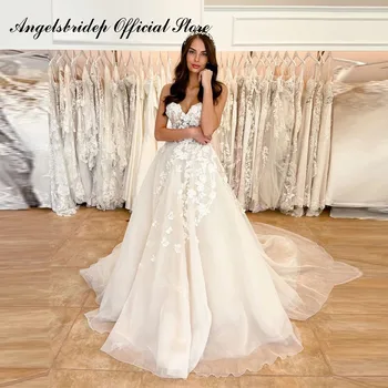 Angelsbridep Елегантни булчински рокли от нежна органза трапецовидна форма, 3D Цветя, мъниста, панделка във формата на сърце, сватбени рокли Vestido de noiva