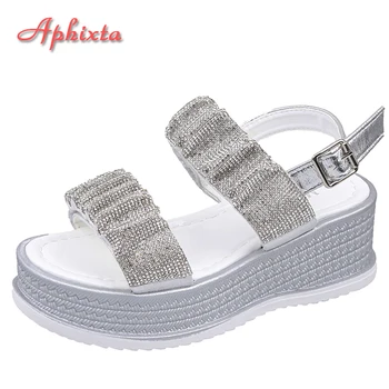 Aphixta 2022, летни дамски сандали на платформа с кристали, увеличаване на растежа, с катарама, на хладно плажни обувки на дебела подметка с обвивка от щиколотку