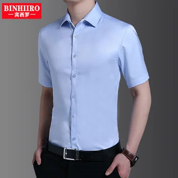 BINHIRO/ по-големи Размери, мъжки однотонная бизнес риза, лятна мода ежедневни тънка бяла риза с къс ръкав, мъжки марка дрехи 5XL