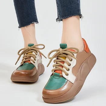 Birkuir/Дамски обувки на танкетке;обувки-лодка за ток 3 см, Изкуствена кожа; Модерни Цветни обувки с дантела на дебелите ток; Луксозен Дамски Обувки на платформа