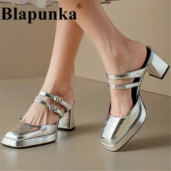 Blapunka, готически чехли на дебел висок ток, чехли, платформи с квадратни пръсти, слайдове с двойна каишка и катарама, сребърни обувки, дамски пролетно-летни