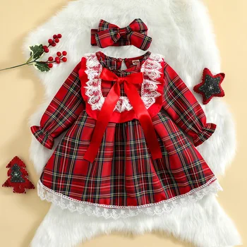 Citgeett Есента Коледен детски костюм за момичета, клетчатое дантелено рокля трапецовидна форма, с дълги ръкави + превръзка на главата, Коледно облекло