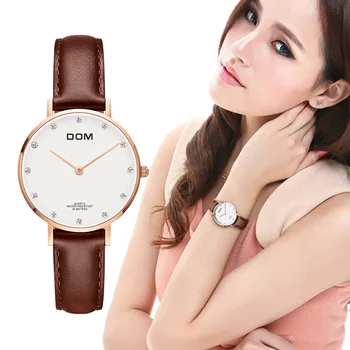 DOM, висок клас марка, дамски часовници, ежедневни кварцови часовници, кожена мрежест каишка, водоустойчив тънки часовници G-36G