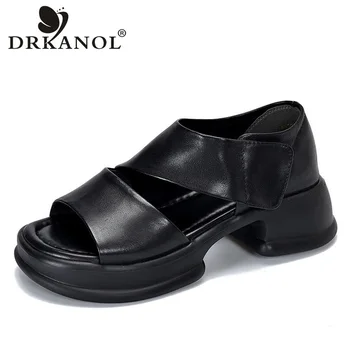 DRKANOL/2023 Летни обувки, дамски сандали на дебел ток, с нов дизайн, ежедневни дамски сандали на платформа с отворени пръсти от естествена кожа на куки и панти