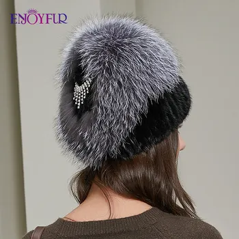 ENJOYFUR/зимни дамски кожени шапки от естествена кожа норки и лисици, вязаная дамски шапка с пайети във формата на сърце, руски топли шапки gorro