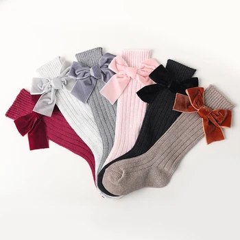 FOCUSNORM/ Crochet Топли Чорапи до Коляното За Малки Момичета И Момчета, Мини Чорапи със Средна Дължина, С Лък, Меки Памучни Дълги Чорапи