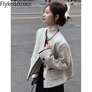 Flykcoozooi Луксозен дамски пролетно яке, с кръгло деколте и дълъг ръкав, твидовые якета в корейски стил, винтажное палто за младите дами, дамски дрехи