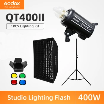 Godox QT400II 400Ws Професионална студийная светкавица-стробоскоп + Осветление поставка 2,8 м + Софтбокс с мрежа 60x90 см + Комплект за вратата на плевнята