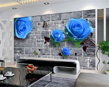 HD модерни тухлени стени, синя роза, 3D TV фон, декорация на дома, флорални картини, фотообои по поръчка за хола behang