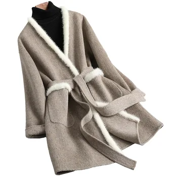 Hwitex/ женски вълнени якета, меховое палта, дамски палта с тапицерия от кожа на норка, минималистичные зимни вълнени палта HW2118