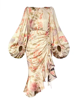 ICMIYAKO Рокля Миди с флорални принтом, дамски дрехи, с кръгло деколте и ръкав-фенерче, нередовна рокли на Русалка за жени, новият старт на Пролетта 2023, B014