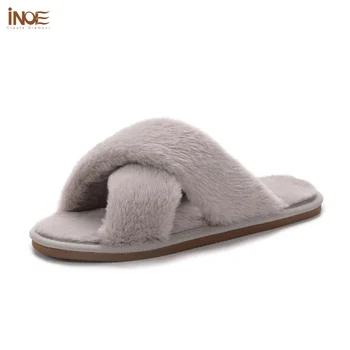 INOE / мъжки ежедневни зимни пантофи с плюшено кожа и широки крака, за да пълни крака, домашни обувки от мека изкуствена кожа заек, топли удобни домашни обувки на плоска подметка