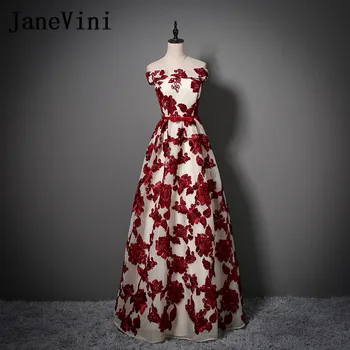 JaneVini Бордо дълги дантелени рокли на шаферките 2020, секси фатиновое вечерна рокля с открити рамене за гостите на сватбата, вечерна рокля за абитуриентски бал